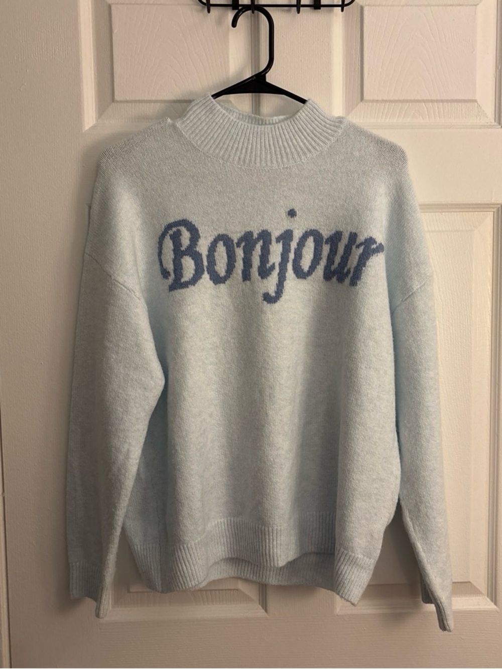 Hooked Up by IOT Light Blue 'Bonjour' Mock Neck Sweater Size Large